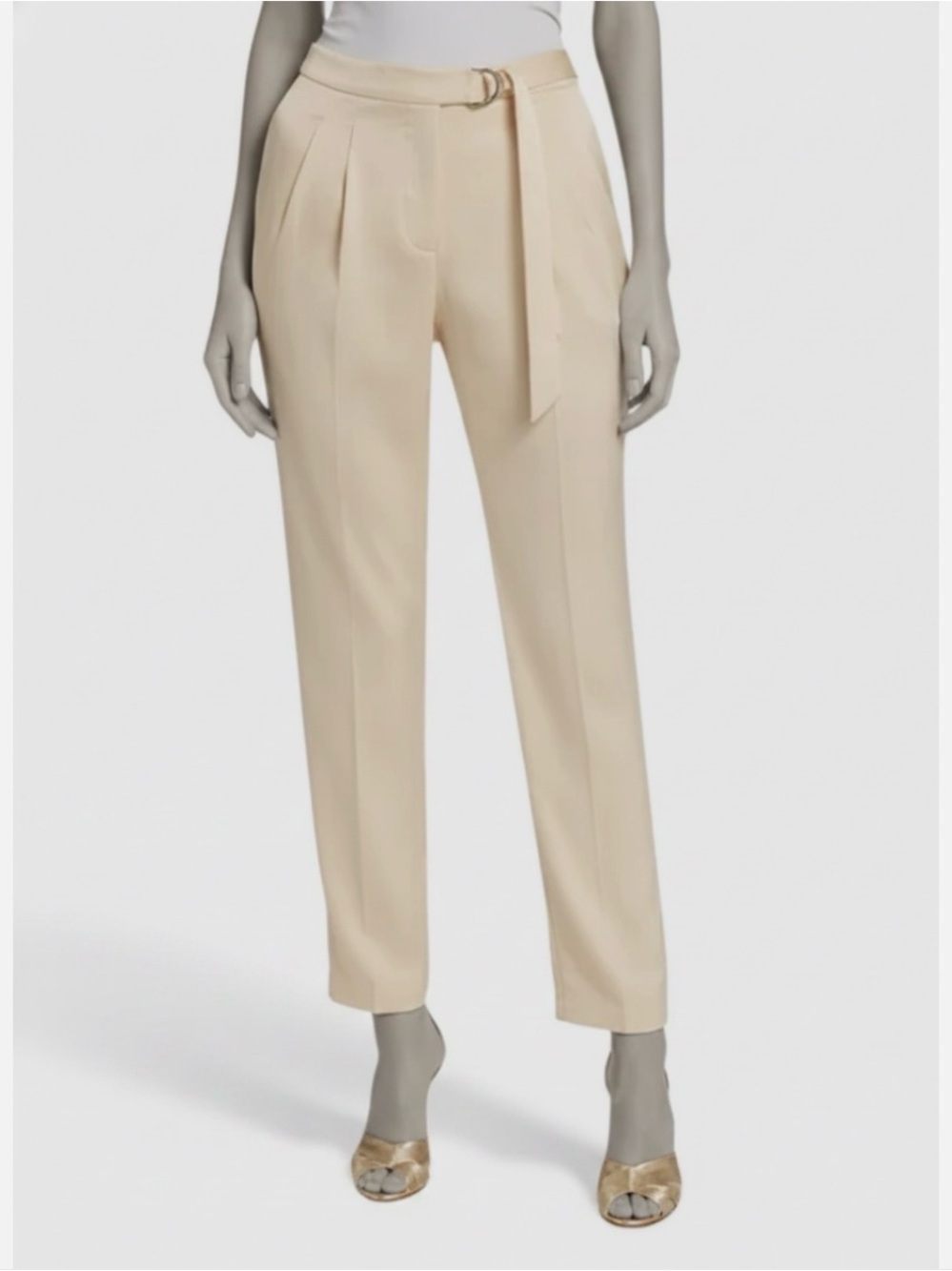 Tailored High-Rise Pleated Ankle Trousers with Belt in Light Beige